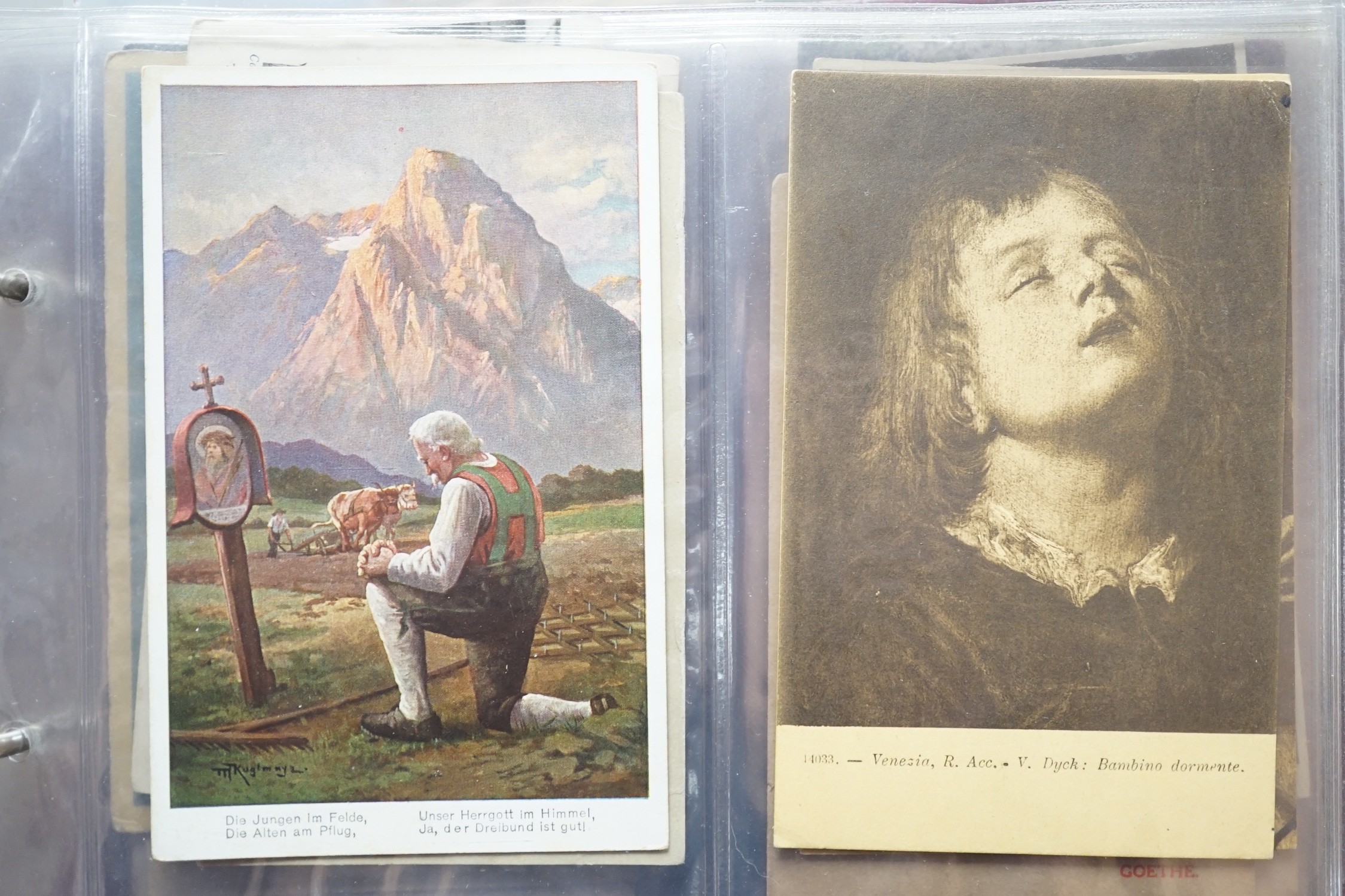 A box of postcards and cigarette cards in two albums and loose topographical including Isle of Wight
